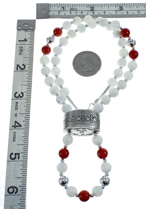 Coral And Mother of Pearl Navajo Sterling Silver Bead Necklace AX126060